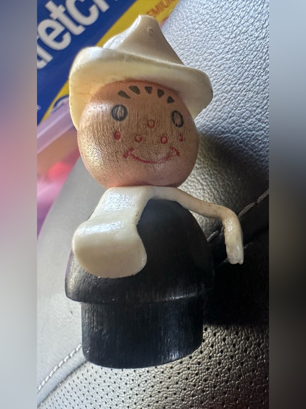 Fisher Price little people wood fireman white hat, black outfit